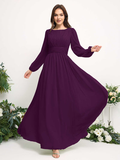 Carlyna Boat Neck Long Sleeve Chiffon Maxi Dress | Elegant A-Line Bridesmaid & Wedding Guest Dress Side View 3 #color_grape