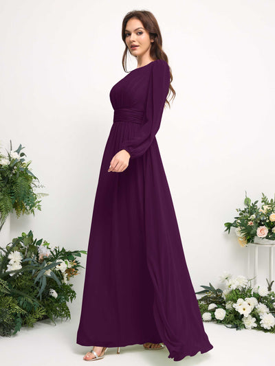 Carlyna Boat Neck Long Sleeve Chiffon Maxi Dress | Elegant A-Line Bridesmaid & Wedding Guest Dress Side View 4 #color_grape