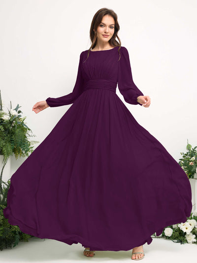 Carlyna Boat Neck Long Sleeve Chiffon Maxi Dress | Elegant A-Line Bridesmaid & Wedding Guest Dress Side View 5 #color_grape