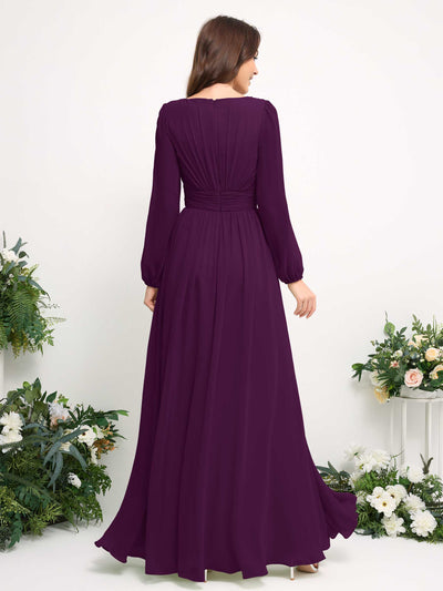 Carlyna Boat Neck Long Sleeve Chiffon Maxi Dress | Elegant A-Line Bridesmaid & Wedding Guest Dress Back View #color_grape