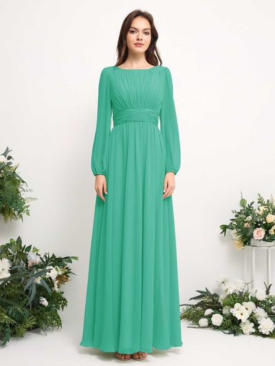 Carlyna Boat Neck Long Sleeve Chiffon Maxi Dress | Elegant A-Line Bridesmaid & Wedding Guest Dress Front View #color_tiffany