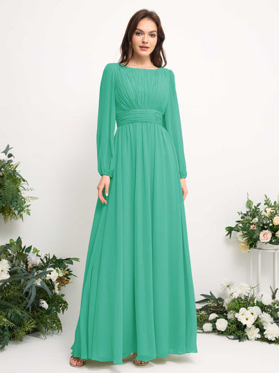 Carlyna Boat Neck Long Sleeve Chiffon Maxi Dress | Elegant A-Line Bridesmaid & Wedding Guest Dress Side View 2 #color_tiffany
