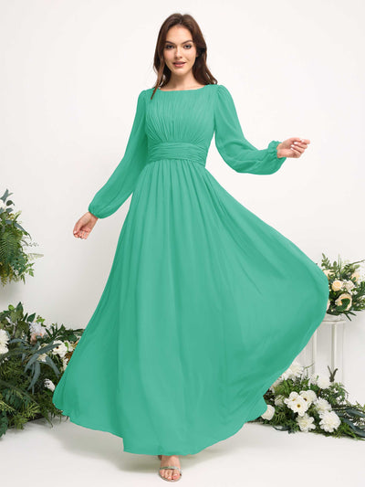 Carlyna Boat Neck Long Sleeve Chiffon Maxi Dress | Elegant A-Line Bridesmaid & Wedding Guest Dress Side View 3 #color_tiffany
