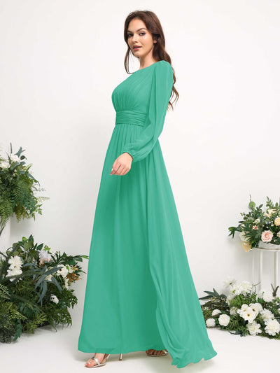 Carlyna Boat Neck Long Sleeve Chiffon Maxi Dress | Elegant A-Line Bridesmaid & Wedding Guest Dress Side View 4 #color_tiffany