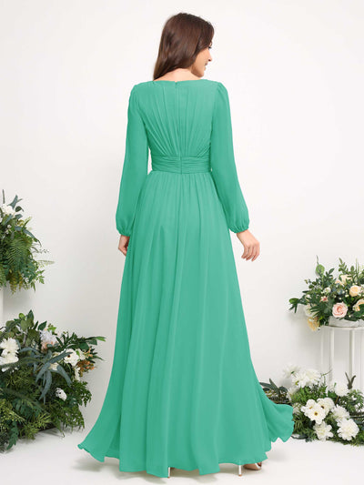 Carlyna Boat Neck Long Sleeve Chiffon Maxi Dress | Elegant A-Line Bridesmaid & Wedding Guest Dress Back View #color_tiffany