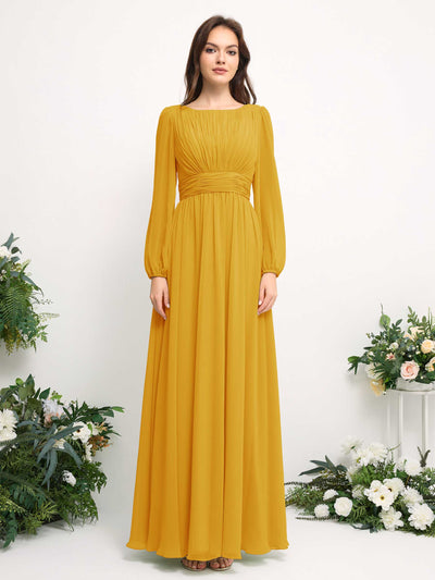 Carlyna Boat Neck Long Sleeve Chiffon Maxi Dress | Elegant A-Line Bridesmaid & Wedding Guest Dress Front View #color_mustard-yellow