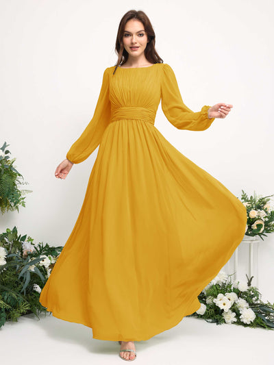 Carlyna Boat Neck Long Sleeve Chiffon Maxi Dress | Elegant A-Line Bridesmaid & Wedding Guest Dress Side View 3 #color_mustard-yellow