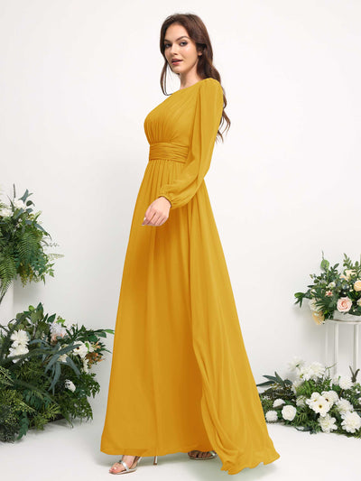 Carlyna Boat Neck Long Sleeve Chiffon Maxi Dress | Elegant A-Line Bridesmaid & Wedding Guest Dress Side View 4 #color_mustard-yellow