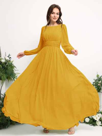 Carlyna Boat Neck Long Sleeve Chiffon Maxi Dress | Elegant A-Line Bridesmaid & Wedding Guest Dress Side View 5 #color_mustard-yellow