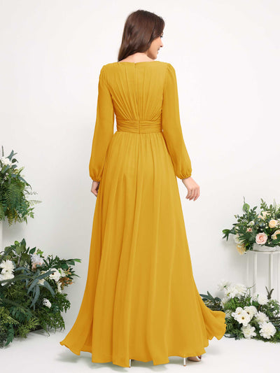 Carlyna Boat Neck Long Sleeve Chiffon Maxi Dress | Elegant A-Line Bridesmaid & Wedding Guest Dress Back View #color_mustard-yellow