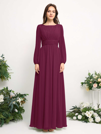 Carlyna Boat Neck Long Sleeve Chiffon Maxi Dress | Elegant A-Line Bridesmaid & Wedding Guest Dress Front View #color_chianti