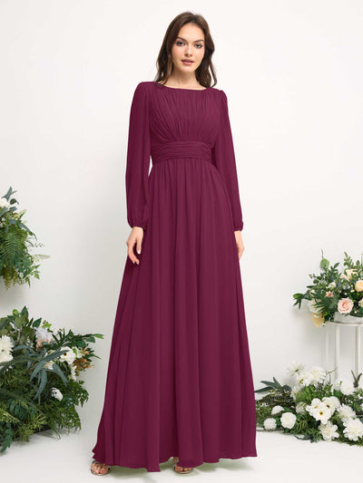 Carlyna Boat Neck Long Sleeve Chiffon Maxi Dress | Elegant A-Line Bridesmaid & Wedding Guest Dress Side View 2 #color_chianti