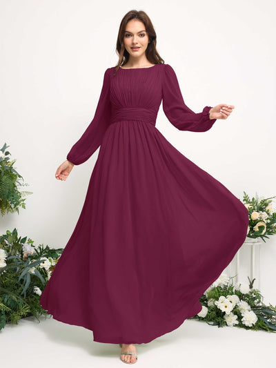 Carlyna Boat Neck Long Sleeve Chiffon Maxi Dress | Elegant A-Line Bridesmaid & Wedding Guest Dress Side View 3 #color_chianti