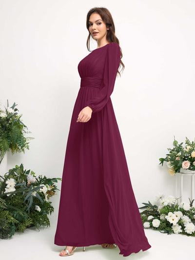 Carlyna Boat Neck Long Sleeve Chiffon Maxi Dress | Elegant A-Line Bridesmaid & Wedding Guest Dress Side View 4 #color_chianti