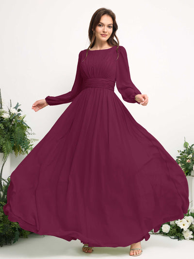Carlyna Boat Neck Long Sleeve Chiffon Maxi Dress | Elegant A-Line Bridesmaid & Wedding Guest Dress Side View 5 #color_chianti