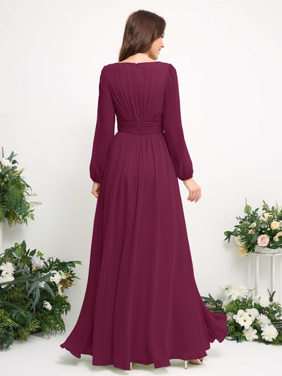 Carlyna Boat Neck Long Sleeve Chiffon Maxi Dress | Elegant A-Line Bridesmaid & Wedding Guest Dress Back View #color_chianti