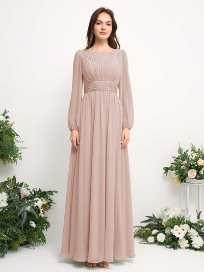 Carlyna Boat Neck Long Sleeve Chiffon Maxi Dress | Elegant A-Line Bridesmaid & Wedding Guest Dress Front View #color_biscotti