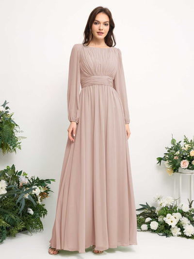 Carlyna Boat Neck Long Sleeve Chiffon Maxi Dress | Elegant A-Line Bridesmaid & Wedding Guest Dress Side View 2 #color_biscotti