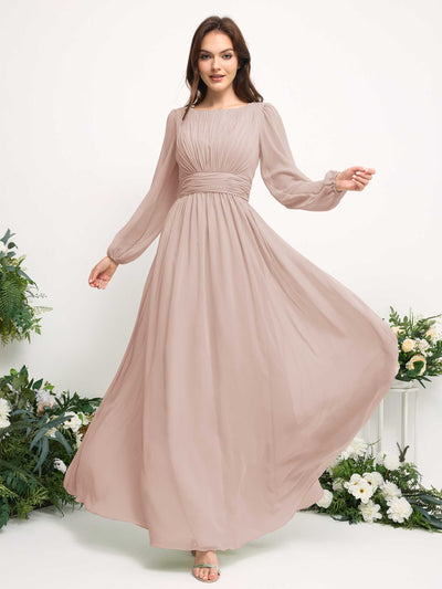 Carlyna Boat Neck Long Sleeve Chiffon Maxi Dress | Elegant A-Line Bridesmaid & Wedding Guest Dress Side View 3 #color_biscotti