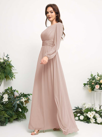 Carlyna Boat Neck Long Sleeve Chiffon Maxi Dress | Elegant A-Line Bridesmaid & Wedding Guest Dress Side View 4 #color_biscotti