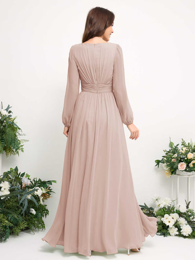 Carlyna Boat Neck Long Sleeve Chiffon Maxi Dress | Elegant A-Line Bridesmaid & Wedding Guest Dress Back View #color_biscotti