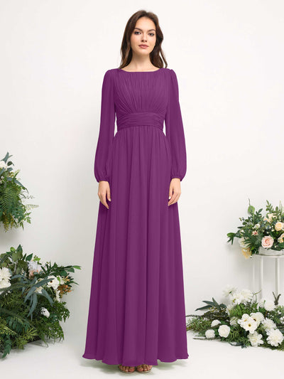 Carlyna Boat Neck Long Sleeve Chiffon Maxi Dress | Elegant A-Line Bridesmaid & Wedding Guest Dress Front View #color_purple