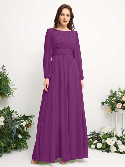 Carlyna Boat Neck Long Sleeve Chiffon Maxi Dress | Elegant A-Line Bridesmaid & Wedding Guest Dress Side View 2 #color_purple