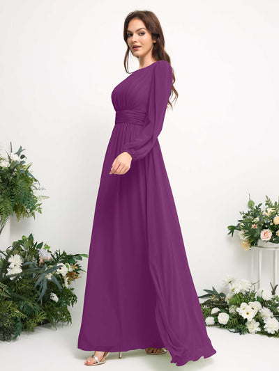 Carlyna Boat Neck Long Sleeve Chiffon Maxi Dress | Elegant A-Line Bridesmaid & Wedding Guest Dress Side View 4 #color_purple