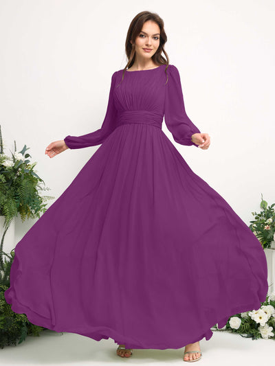 Carlyna Boat Neck Long Sleeve Chiffon Maxi Dress | Elegant A-Line Bridesmaid & Wedding Guest Dress Side View 5 #color_purple