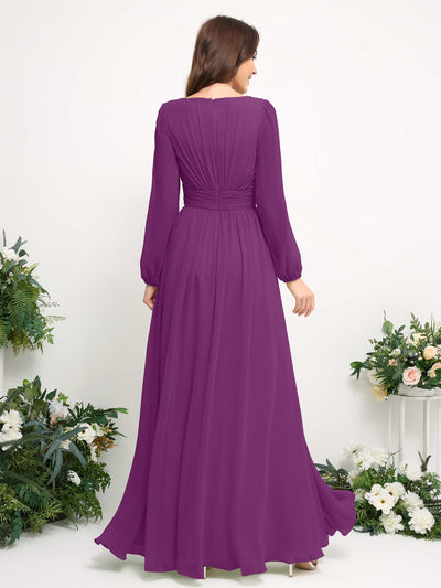 Carlyna Boat Neck Long Sleeve Chiffon Maxi Dress | Elegant A-Line Bridesmaid & Wedding Guest Dress Back View #color_purple