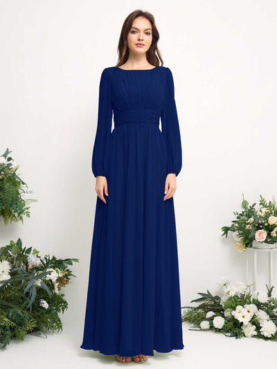 Carlyna Boat Neck Long Sleeve Chiffon Maxi Dress | Elegant A-Line Bridesmaid & Wedding Guest Dress Front View #color_royal-blue