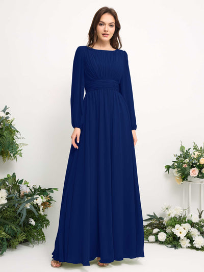 Carlyna Boat Neck Long Sleeve Chiffon Maxi Dress | Elegant A-Line Bridesmaid & Wedding Guest Dress Side View 2 #color_royal-blue