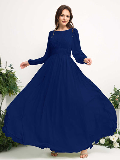 Carlyna Boat Neck Long Sleeve Chiffon Maxi Dress | Elegant A-Line Bridesmaid & Wedding Guest Dress Side View 5 #color_royal-blue