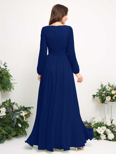 Carlyna Boat Neck Long Sleeve Chiffon Maxi Dress | Elegant A-Line Bridesmaid & Wedding Guest Dress Back View #color_royal-blue