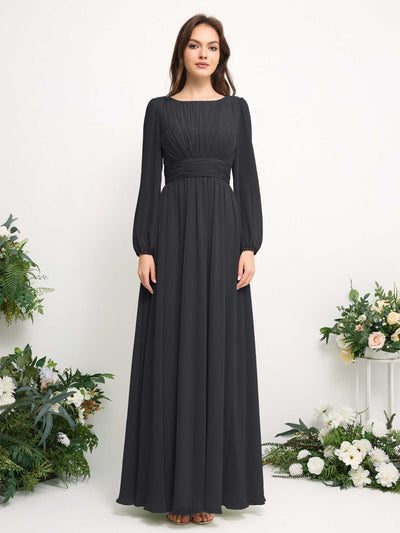 Carlyna Boat Neck Long Sleeve Chiffon Maxi Dress | Elegant A-Line Bridesmaid & Wedding Guest Dress Front View #color_pewter