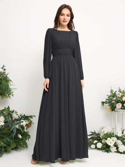 Carlyna Boat Neck Long Sleeve Chiffon Maxi Dress | Elegant A-Line Bridesmaid & Wedding Guest Dress Side View 2 #color_pewter