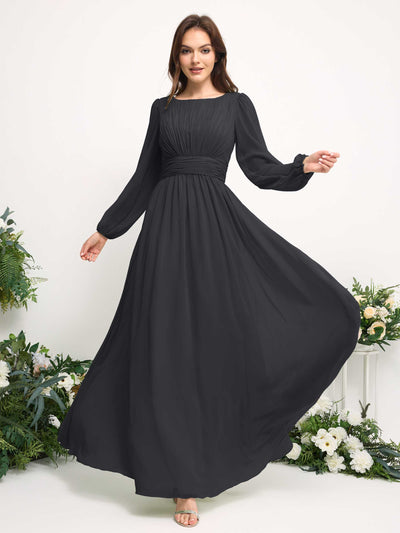 Carlyna Boat Neck Long Sleeve Chiffon Maxi Dress | Elegant A-Line Bridesmaid & Wedding Guest Dress Side View 3 #color_pewter