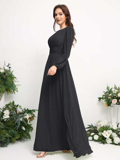Carlyna Boat Neck Long Sleeve Chiffon Maxi Dress | Elegant A-Line Bridesmaid & Wedding Guest Dress Side View 4 #color_pewter