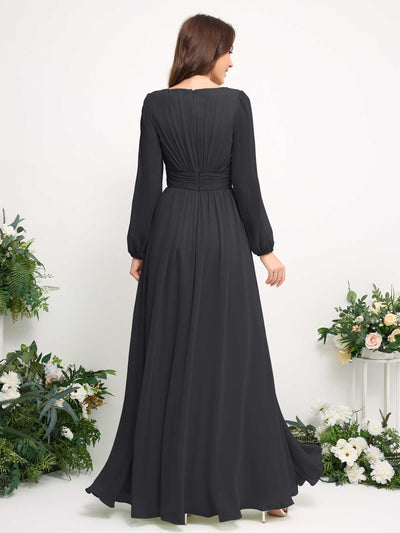 Carlyna Boat Neck Long Sleeve Chiffon Maxi Dress | Elegant A-Line Bridesmaid & Wedding Guest Dress Back View #color_pewter