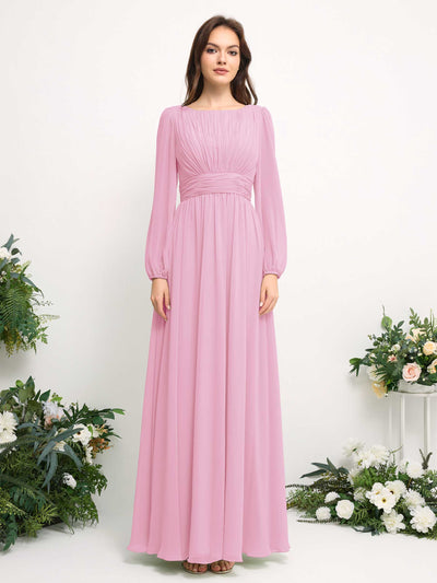Carlyna Boat Neck Long Sleeve Chiffon Maxi Dress | Elegant A-Line Bridesmaid & Wedding Guest Dress Front View #color_candy-pink