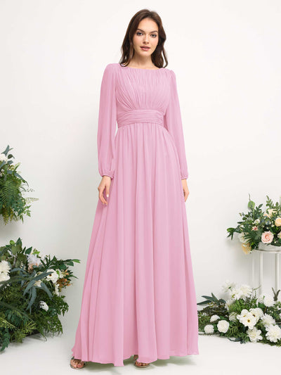 Carlyna Boat Neck Long Sleeve Chiffon Maxi Dress | Elegant A-Line Bridesmaid & Wedding Guest Dress Side View 2 #color_candy-pink