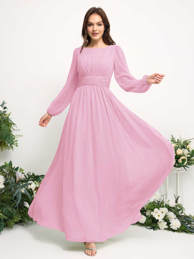 Carlyna Boat Neck Long Sleeve Chiffon Maxi Dress | Elegant A-Line Bridesmaid & Wedding Guest Dress Side View 3 #color_candy-pink