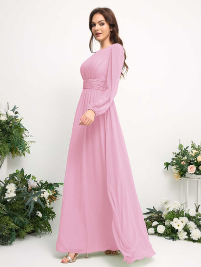 Carlyna Boat Neck Long Sleeve Chiffon Maxi Dress | Elegant A-Line Bridesmaid & Wedding Guest Dress Side View 4 #color_candy-pink