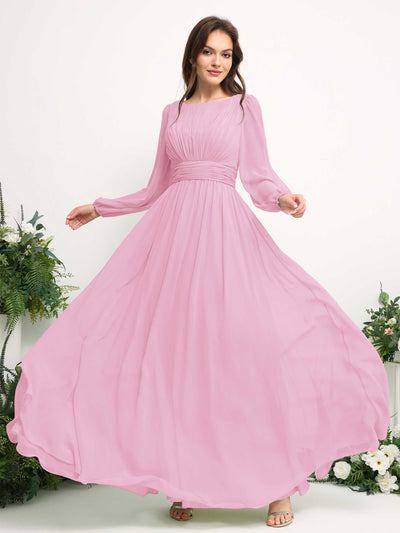 Carlyna Boat Neck Long Sleeve Chiffon Maxi Dress | Elegant A-Line Bridesmaid & Wedding Guest Dress Side View 5 #color_candy-pink