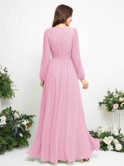 Carlyna Boat Neck Long Sleeve Chiffon Maxi Dress | Elegant A-Line Bridesmaid & Wedding Guest Dress Back View #color_candy-pink