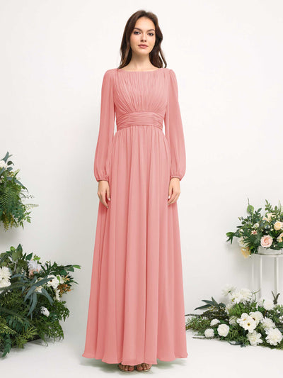 Carlyna Boat Neck Long Sleeve Chiffon Maxi Dress | Elegant A-Line Bridesmaid & Wedding Guest Dress Front View #color_ballet-pink