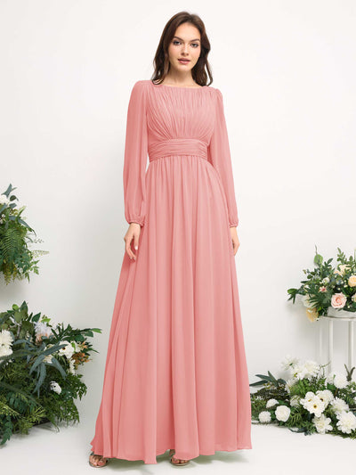 Carlyna Boat Neck Long Sleeve Chiffon Maxi Dress | Elegant A-Line Bridesmaid & Wedding Guest Dress Side View 2 #color_ballet-pink