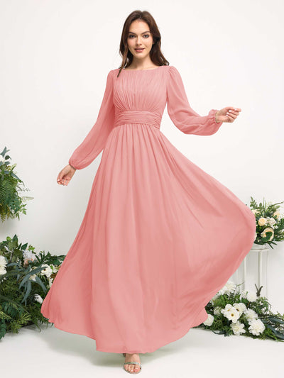 Carlyna Boat Neck Long Sleeve Chiffon Maxi Dress | Elegant A-Line Bridesmaid & Wedding Guest Dress Side View 3 #color_ballet-pink