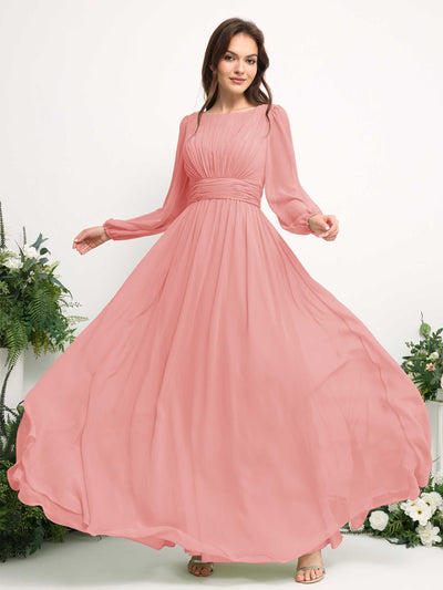 Carlyna Boat Neck Long Sleeve Chiffon Maxi Dress | Elegant A-Line Bridesmaid & Wedding Guest Dress Side View 5 #color_ballet-pink