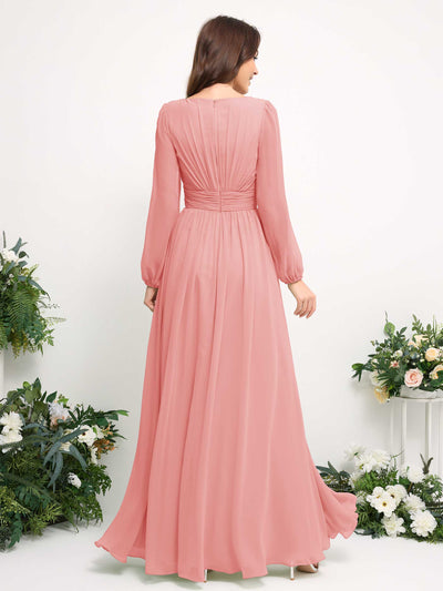 Carlyna Boat Neck Long Sleeve Chiffon Maxi Dress | Elegant A-Line Bridesmaid & Wedding Guest Dress Back View #color_ballet-pink